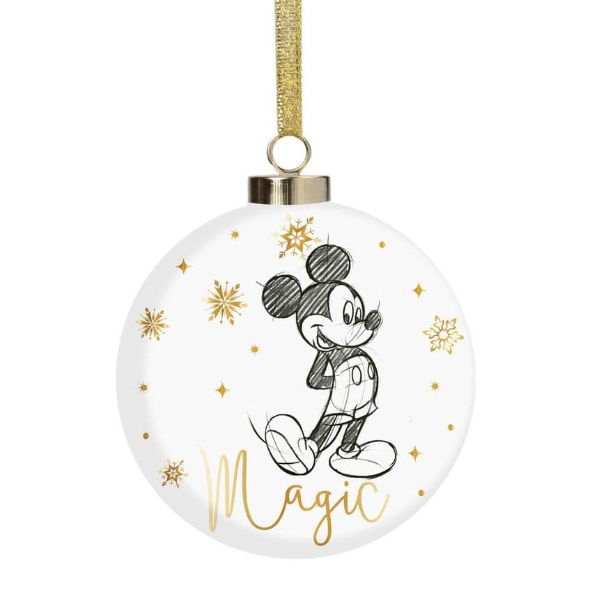 Disney Mickey Mouse Luxury Ceramic Christmas Bauble Collectable Gift. White Gold Large Disney Christmas Tree Bauble