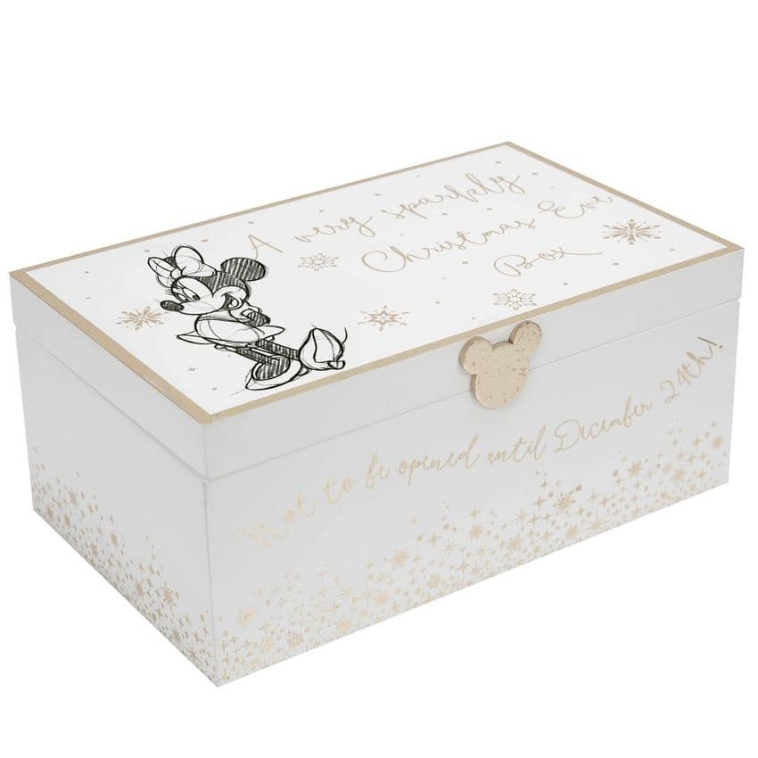 Disney Minnie Mouse Classic Wooden Reusable Christmas Eve Box - Luxury White and Gold Christmas Eve Box