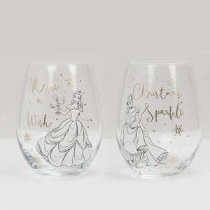 Disney Set of 2 Stemless Wine Glasses Cinderella & Belle In Giftbox