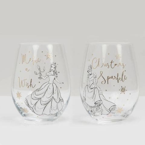 Disney Set of 2 Stemless Wine Glasses Cinderella & Belle In Giftbox