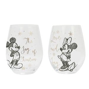 Disney Set of 2 Stemless Wine Glasses Mickey & Minnie In Giftbox