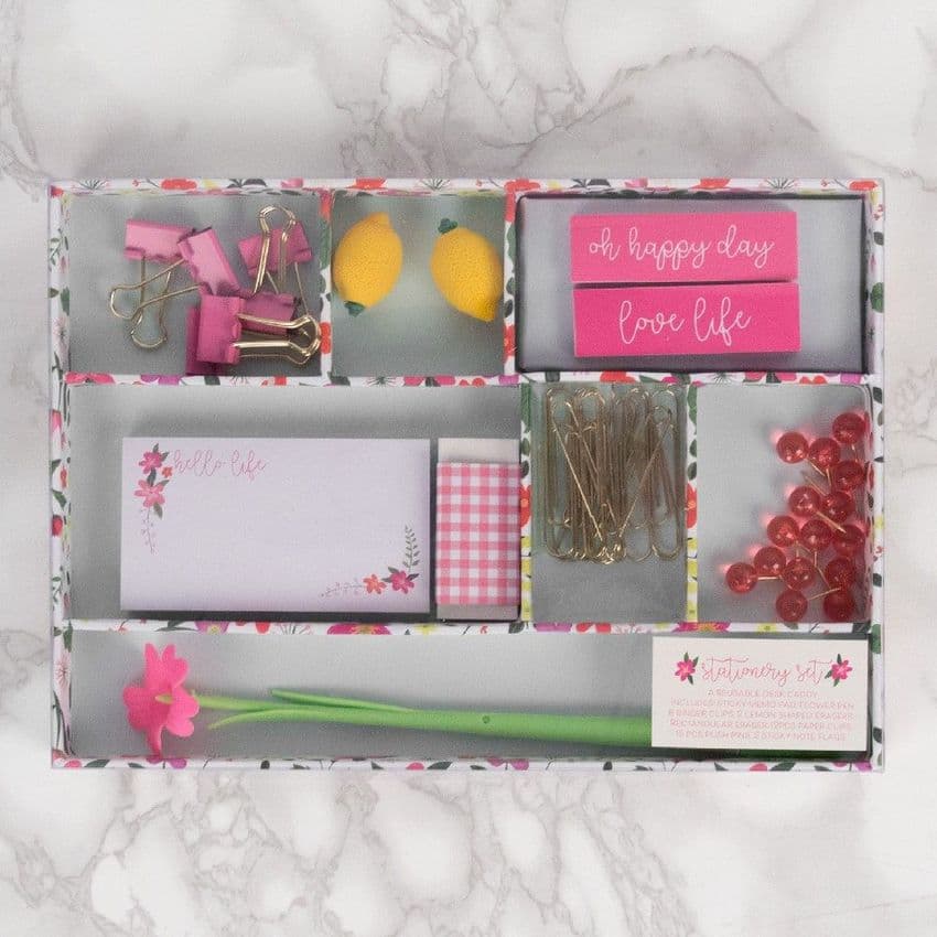 Ditsy Floral Essential Stationary Set - Floral Pink Stationary Essentials in Tray. Office and home stationary essentials gift set.
