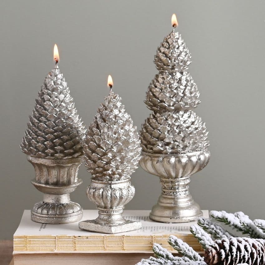 Elegant Silver Pinecone Candles Set Of 3 statement display Christmas candles
