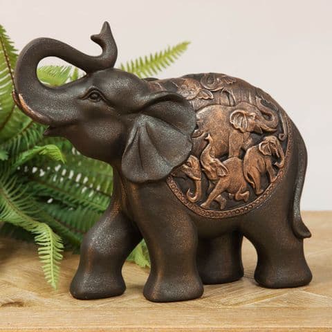 Elephant Figurine in Bronze Finish With Trunk Raised Feng Shui Home Decor
