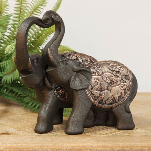 Elephant Sculpture Ornament - Two Elephants with trunks intertwined Bronze Effect