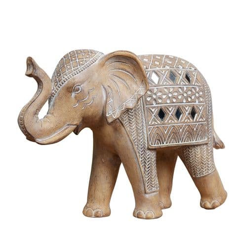 Embossed Sandstone Elephant Figurine With Mirror Detail Home Ornament