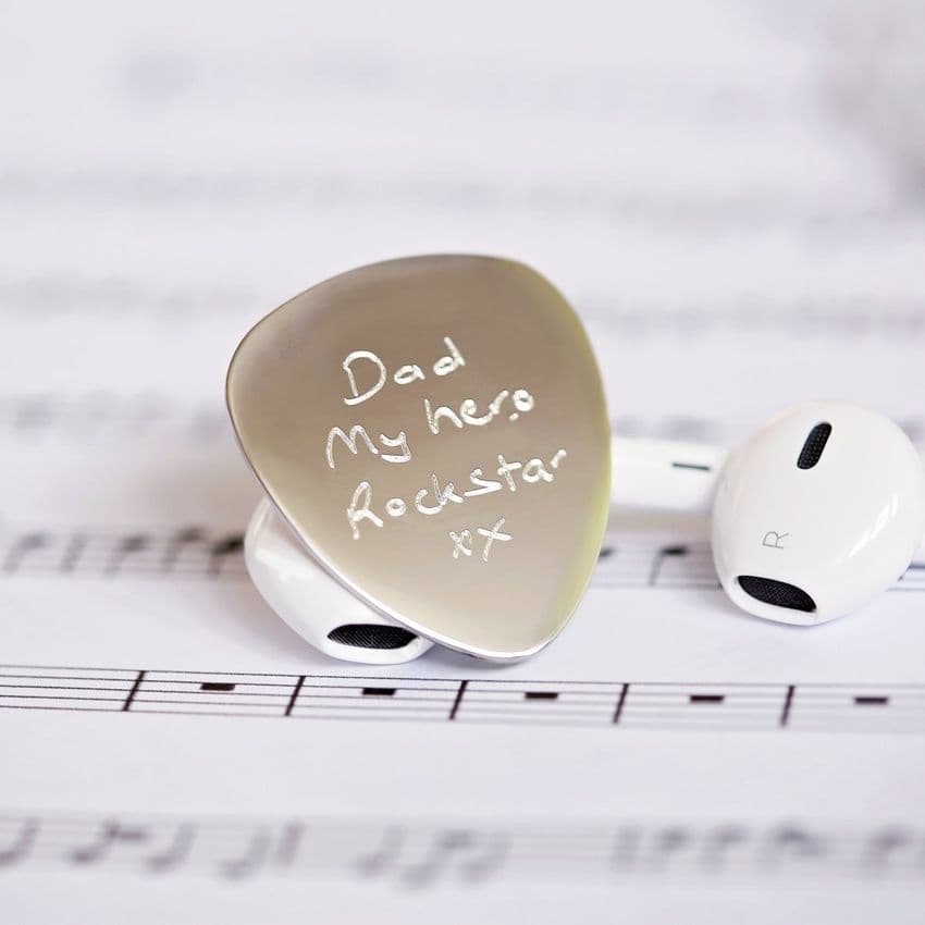 Engraved Steel Guitar Plectrum Unique Gift For Musicians Personalised With Own Handwriting
