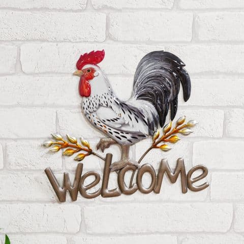 Farmhouse Cockerel Welcome Metal Wall Art Sculpture Ornament For Home and Garden