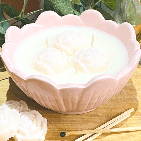 Frosted Rose Wonderland Large Pink 3 Wick Flower Candle