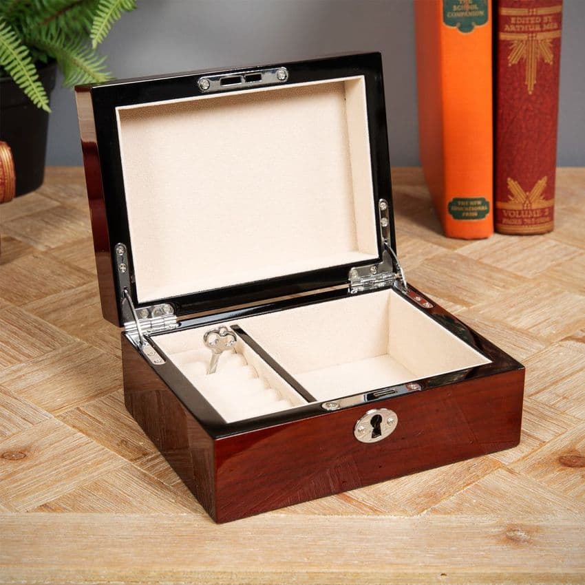 Stratton of Mayfair luxury high gloss cherry wood jewellery chest