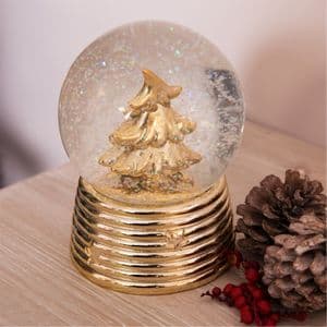 Gold Christmas Tree Snow Globe - Crystal Ball Polished Gold Christmas Ornament