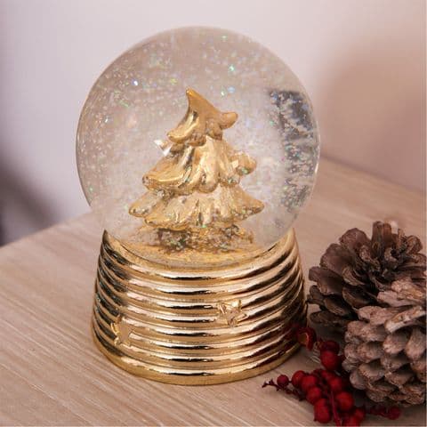 Gold Christmas Tree Snow Globe - Crystal Ball Polished Gold Christmas Ornament