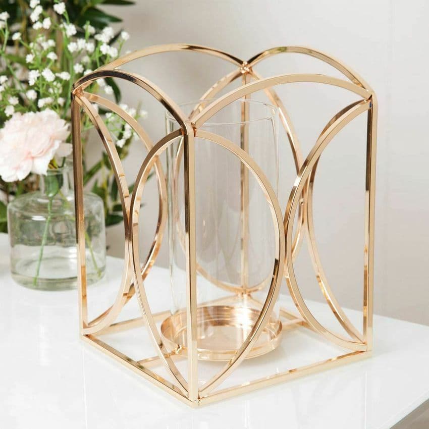 Art Deco style Gold Finish Metal and Glass Luxury Candle Holder Lantern