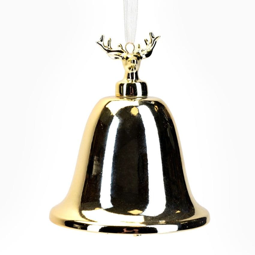 Gold Metal Bell Hanging Christmas Tree Ornament With Reindeer Head Decoration and working clapper
