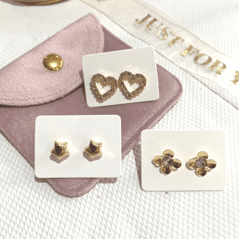 Gold Plated Stud Earrings In Pink Velvet Pouch