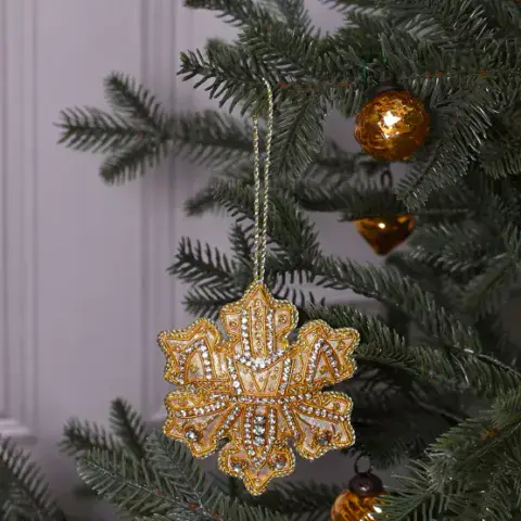 Gold Velvet Padded Snowflake Christmas Tree Decoration
