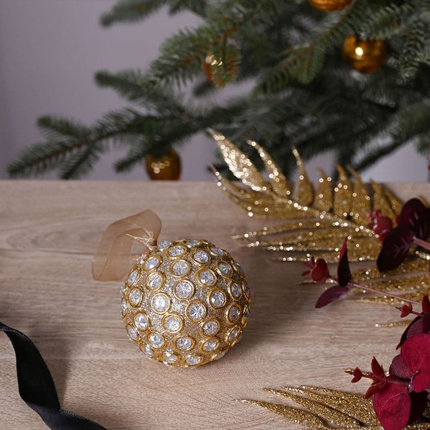 Golden Christmas Bauble With Round Mirror Design and glitter finish