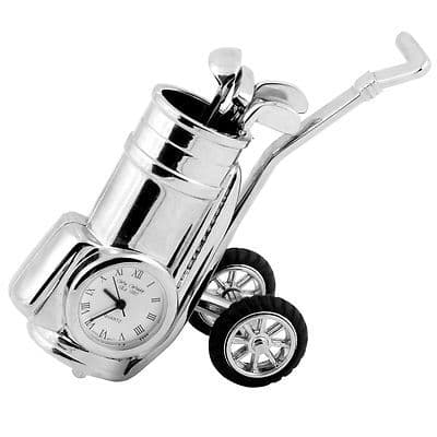 GOLF MINIATURE COLLECTORS CLOCK SILVER GOLF TROLLEY WITH CLUBS
