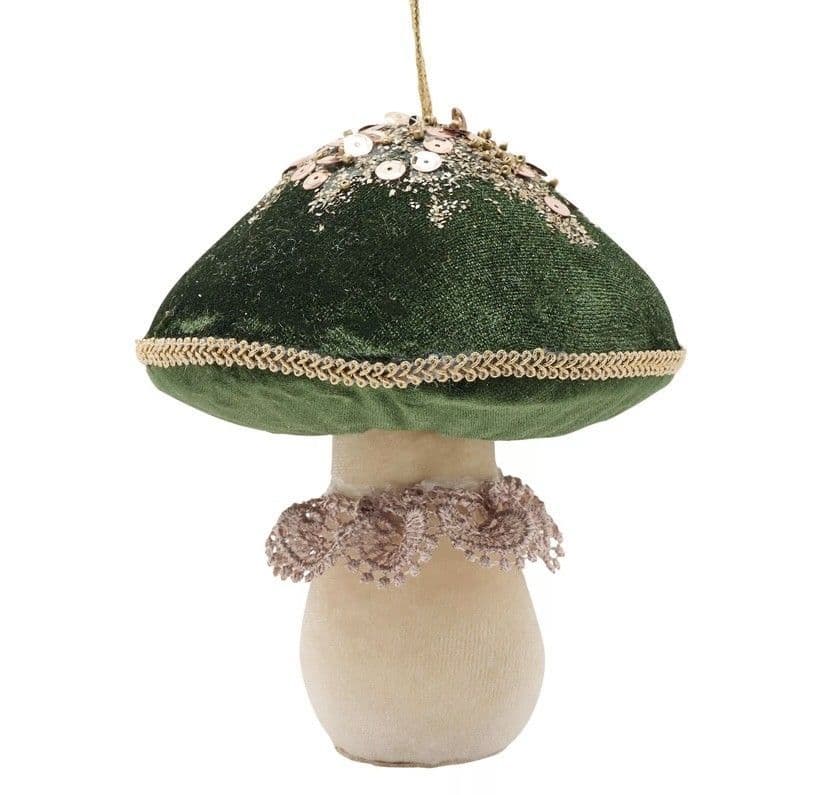 Green Velvet Mushroom Toadstool Embellished Hanging Decoration 15cm