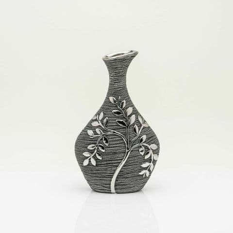 Grey and silver textured decorative vase with leaf branch detail 25cm