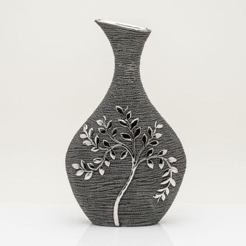Grey and silver textured decorative vase with leaf branch detail 35cm
