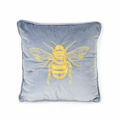 Grey Velvet Cushion With Embroidered Gold Bee Design