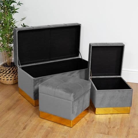 Grey Velvet Storage Ottoman Set Of 3 Pretty Upholstered Home Storage Chests & Stools