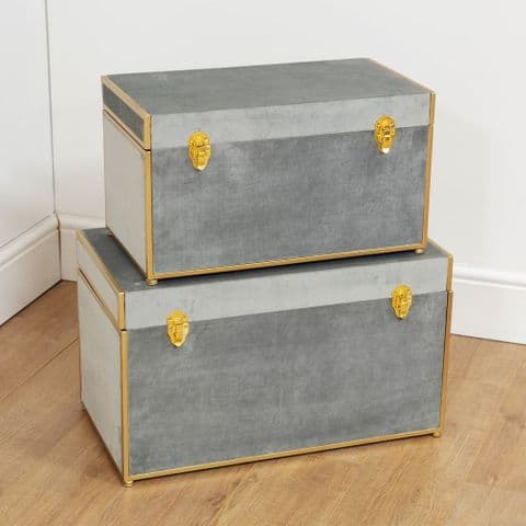 Grey Velvet Storage Trunks Set Of 2 Ottoman Storage Boxes with gold details