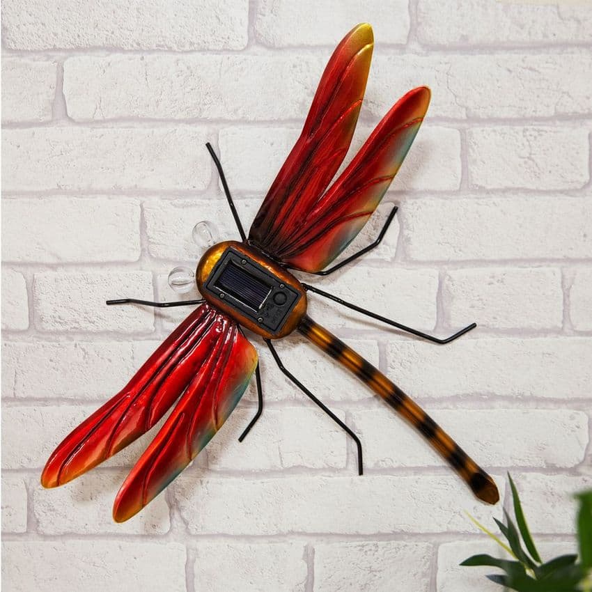 Hand Crafted Metal Dragonfly Garden Ornament With Solar Powered Lights. Garden Wall Art.