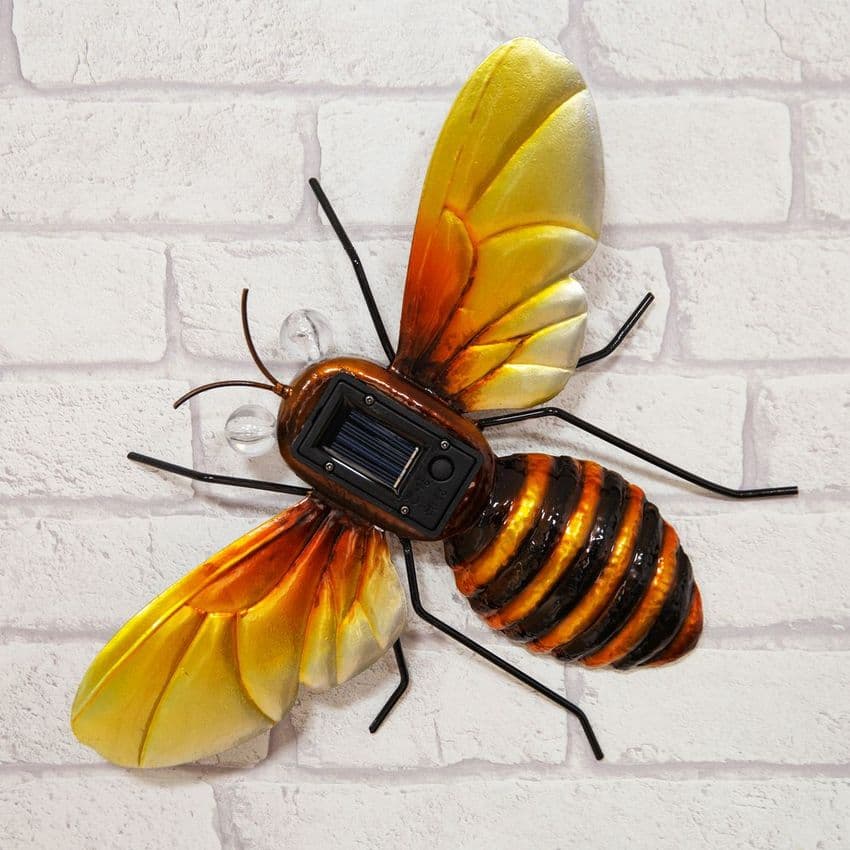Hand Crafted Metal Honey Bee Garden Ornament With Solar Powered Lights. Garden Wall Art.