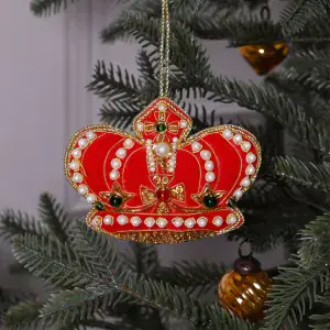 Hand Embellished Hanging Red Crown Christmas Tree Decoration