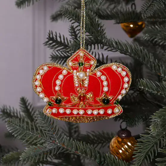 Red Velvet Hand Embellished Hanging Royal Crown Christmas Tree Decoration