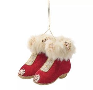 Hand Embellished Hanging Red Velvet Boots Christmas Tree Decoration