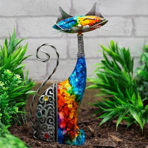 Hand Painted Metal Standing Cat ornament figurine colour pop home garden decor
