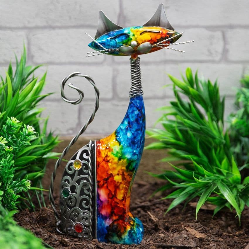 Hand Painted Metal Standing Cat ornament figurine colour pop home garden decor