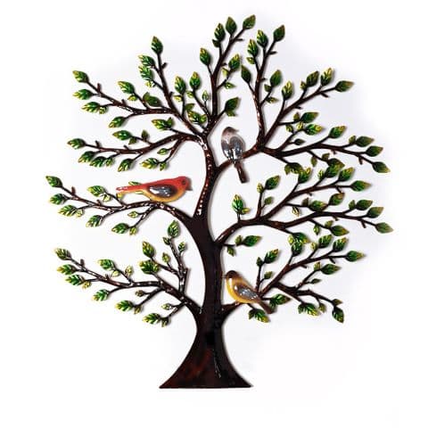 Hand Painted Metal Wall Art Tree With Birds