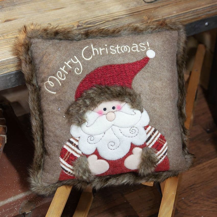 Handmade Father Christmas Faux Fur Scatter Cushion with Santa Clause Detail. Perfect for a Woodland Christmas Decor theme.