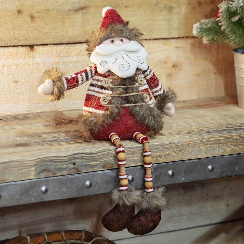 Handmade Cute Nordic Santa Claus Shelf Sitting Ornament Christmas Decoration With Dangly legs and knitted jumper.