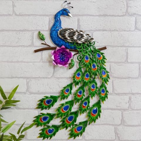 Handmade Peacock Metal Wall Art With Crystal Embellished Tail Sculpture For Home & Garden