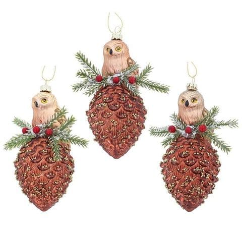 Hanging Glass Pinecone Ornament with Owl – Woodland Bronze & Gold Decoration