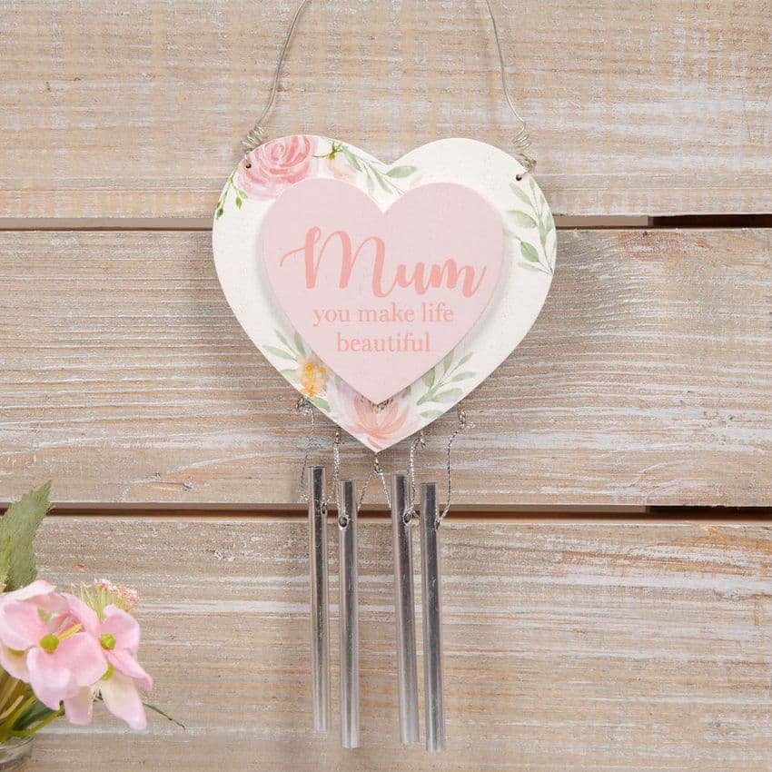 Heart Shape Mum Plaque With Hanging Windchime gift for Mothers Day and Birthday