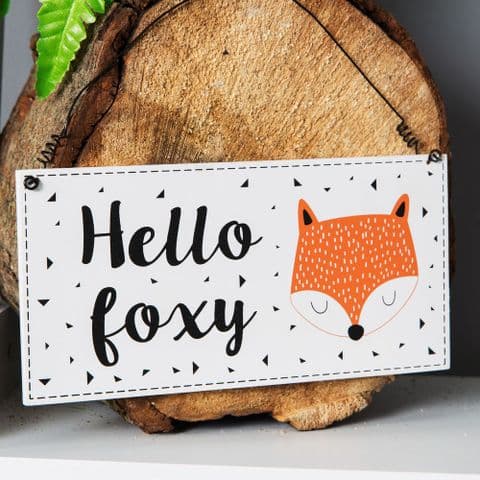 Hello Foxy Wooden Hanging Plaque