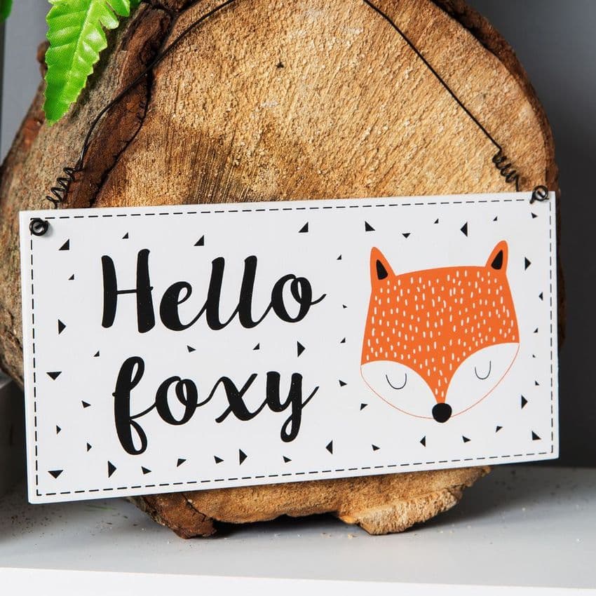 Hello Foxy Wooden Hanging Plaque. Woodland themed home decor with sleeping fox illustration.