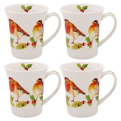 Jennifer Rose Gallery Winter Robin China Mugs – Set of 4 in Gift Box