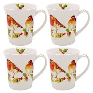 Jennifer Rose Gallery Winter Robin China Mugs – Set of 4 in Gift Box