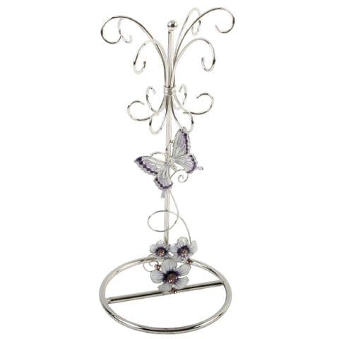 Jewellery Stand With Purple Butterflies -Silver Wire Design Butterfly Jewellery Stand
