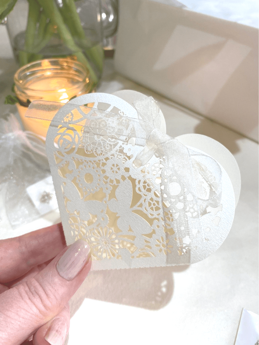 Lacy ivory butterfly design unique personalised Table Gift Favour Choice Of Contents. Weddings, birthdays and corporate event table gift.