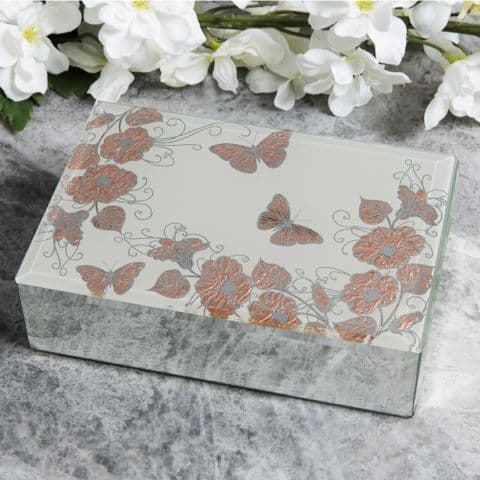 Ladies Jewellery Box Gift - Rose Gold Butterfly Design Mirrored Jewellery Box