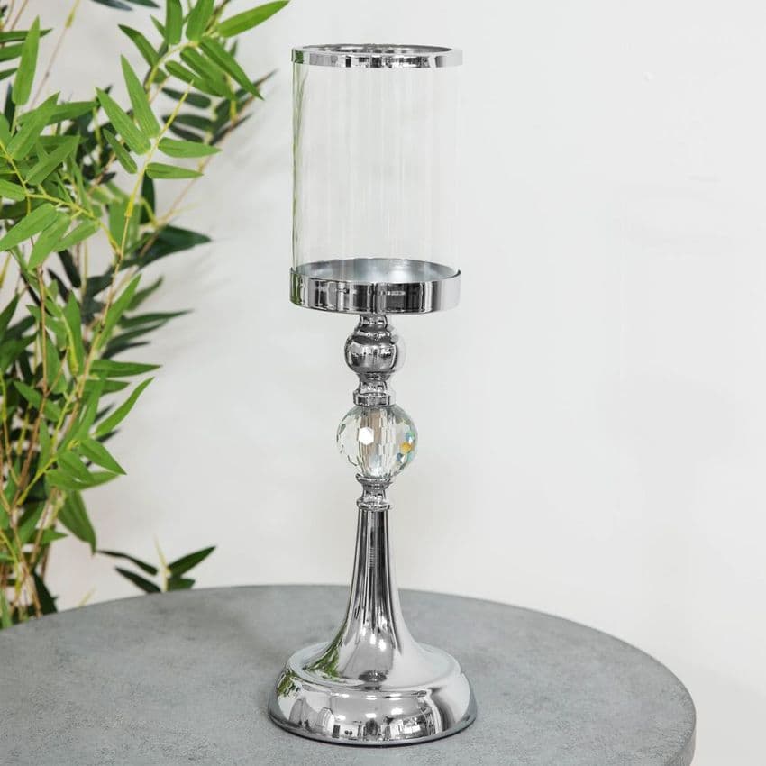 Tall Luxury Chrome Finish Glass Candle Holder 41cm. Luxury pillar candle holder center piece with crystal details