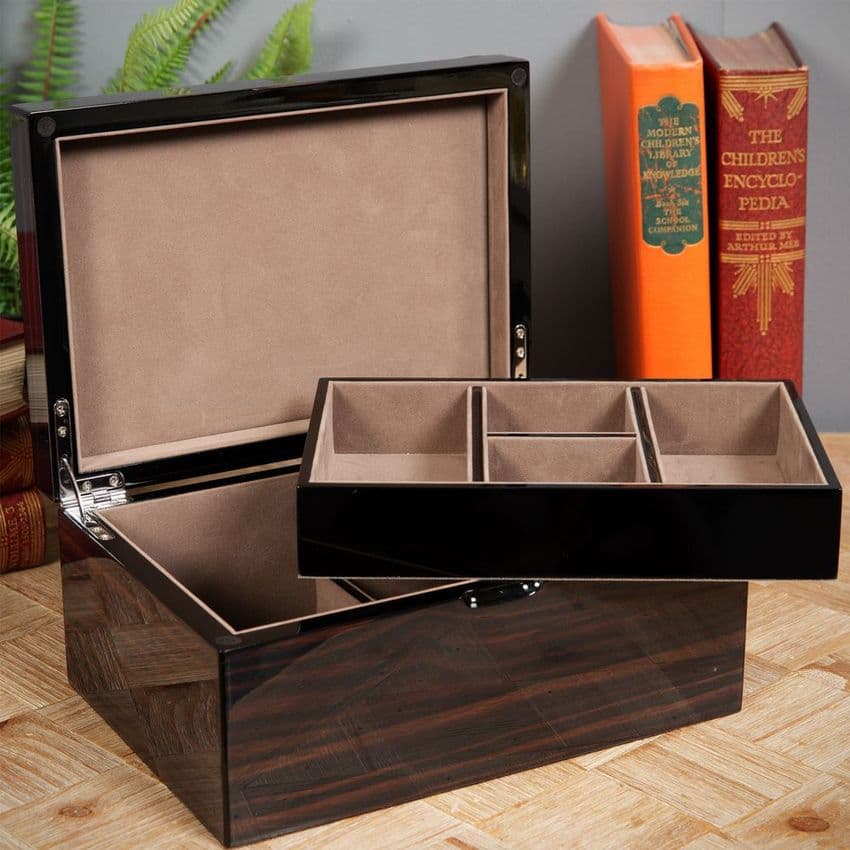 Large dark wood gloss finish jewellery box with lock for men and women